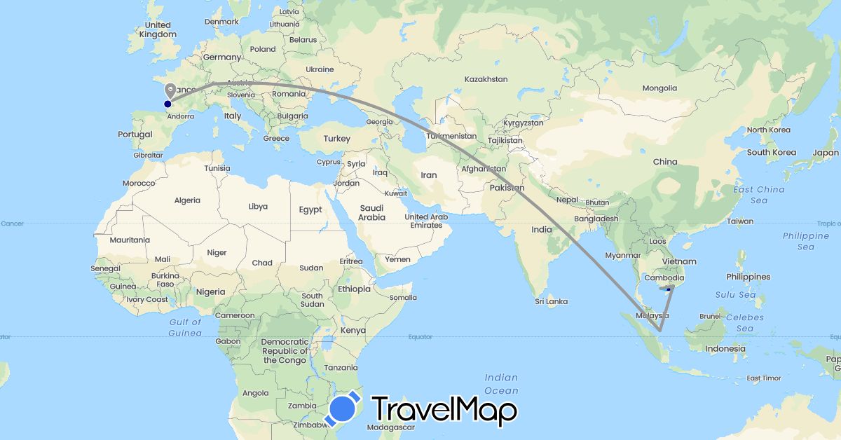 TravelMap itinerary: driving, plane, boat in Switzerland, France, Singapore, Vietnam (Asia, Europe)